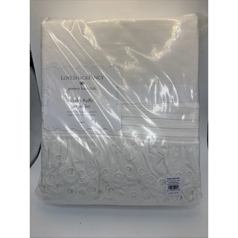 Pottery Barn Teen LoveShackFancy Eyelet Ruffle Sheet Set Full Queen Cotton NEW
